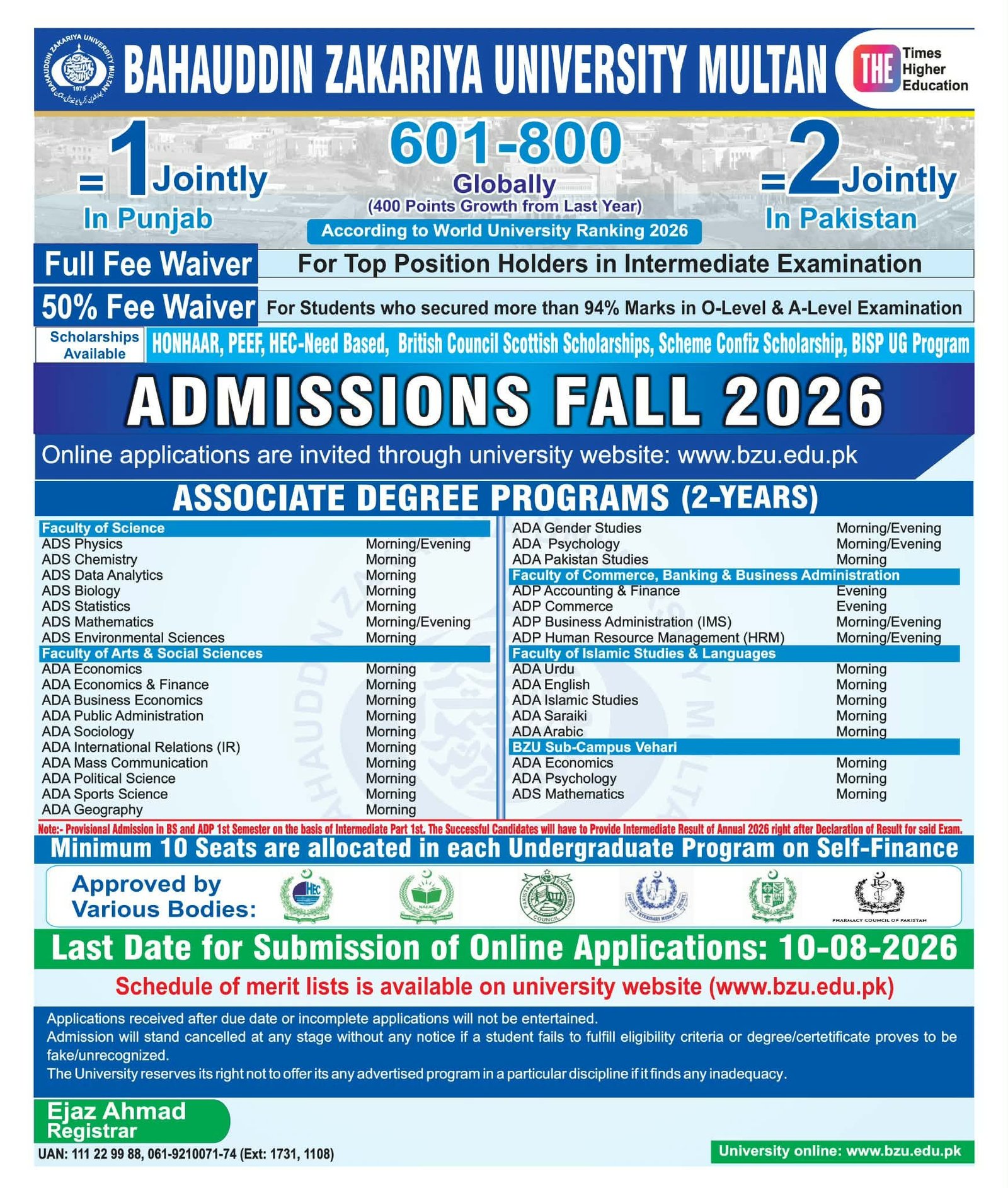 Bahauddin Zakariya University Multan BZU Admissions 2026 Apply Online for ADP Fall Programs
