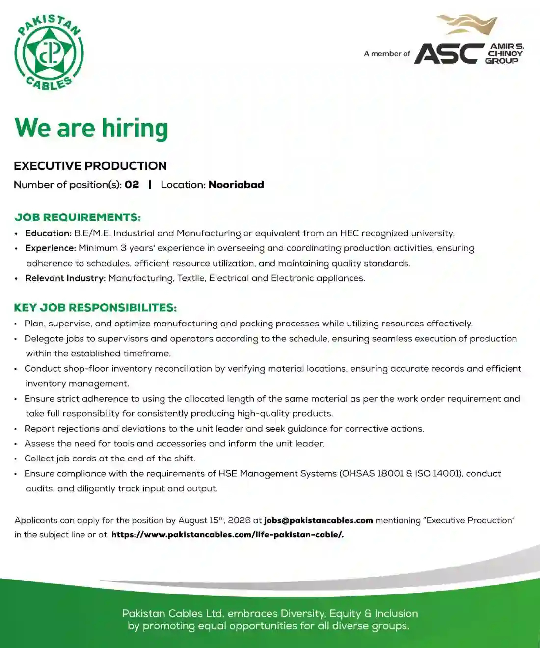 Pakistan Cables Limited Offers Executive Production Jobs 2026 In Nooriabad