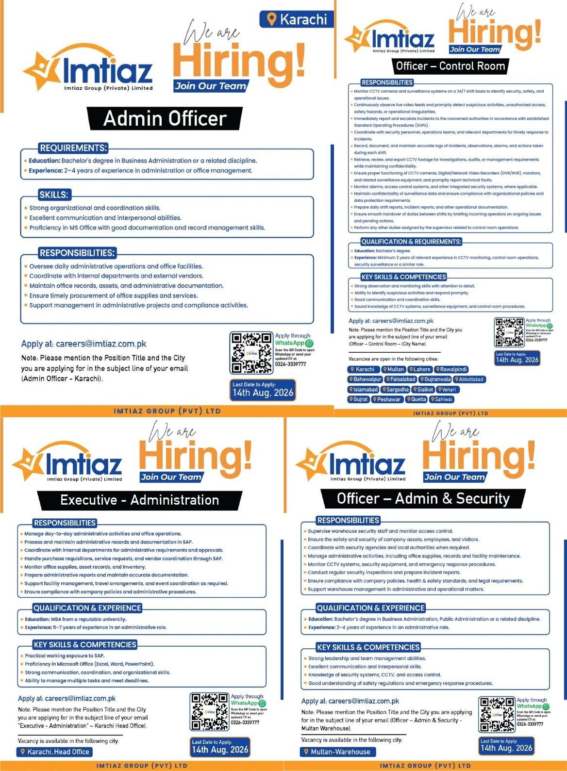 Imtiaz Group (Pvt) Ltd Offers Executive Administration, Admin Officer & Security Jobs 2026 In Karachi