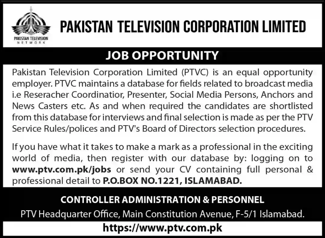 PTV Islamabad Offers Anchor & News Caster Jobs 2026 – Apply Online