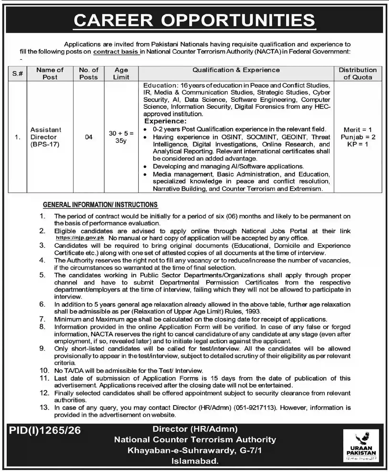 National Counter Terrorism Authority Assistant Director Job 2026 | Apply Online via NJP