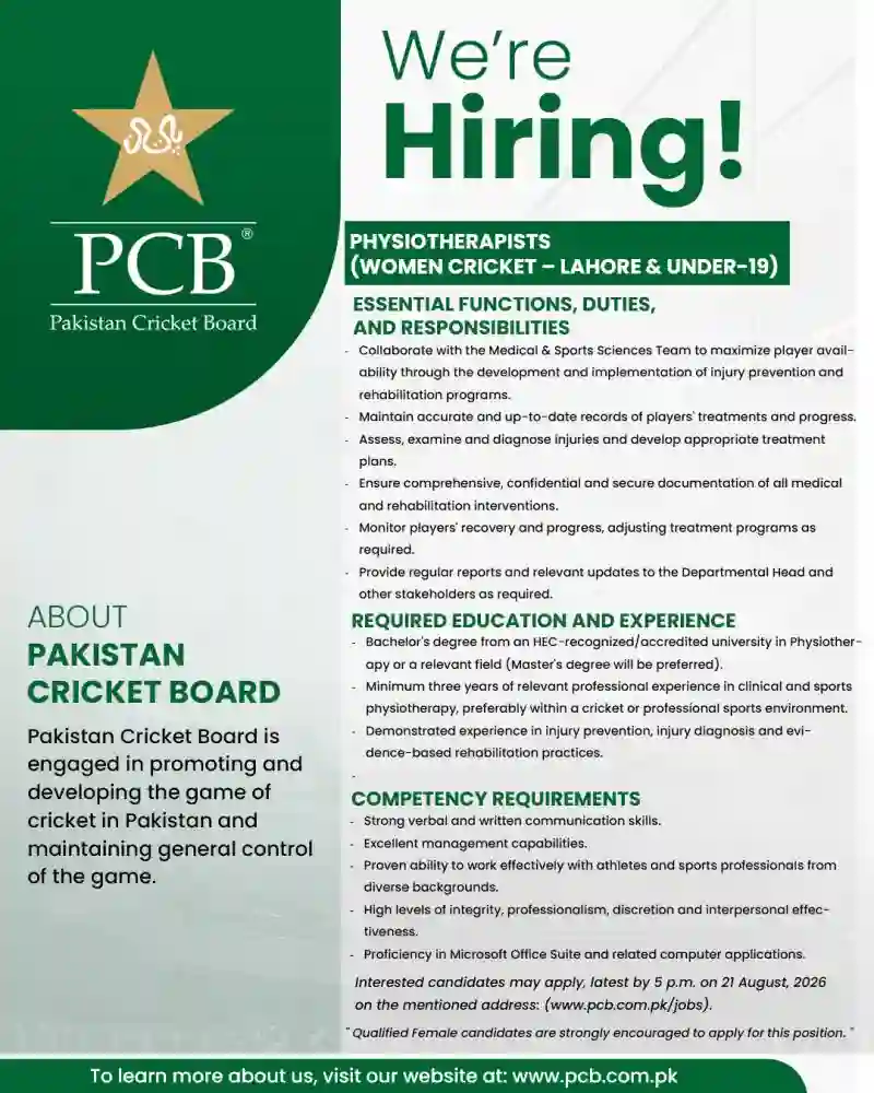 Pakistan Cricket Board Physiotherapist Jobs 2026 In Lahore | Apply Online