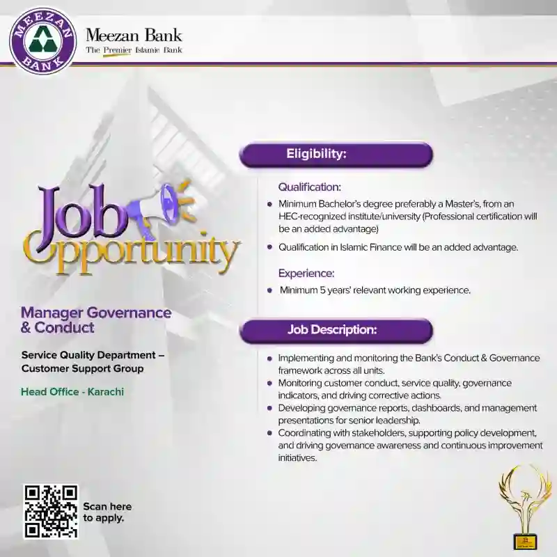 Meezan Bank Offers Manager Governance & Conduct Jobs 2026 In Karachi | Apply Online