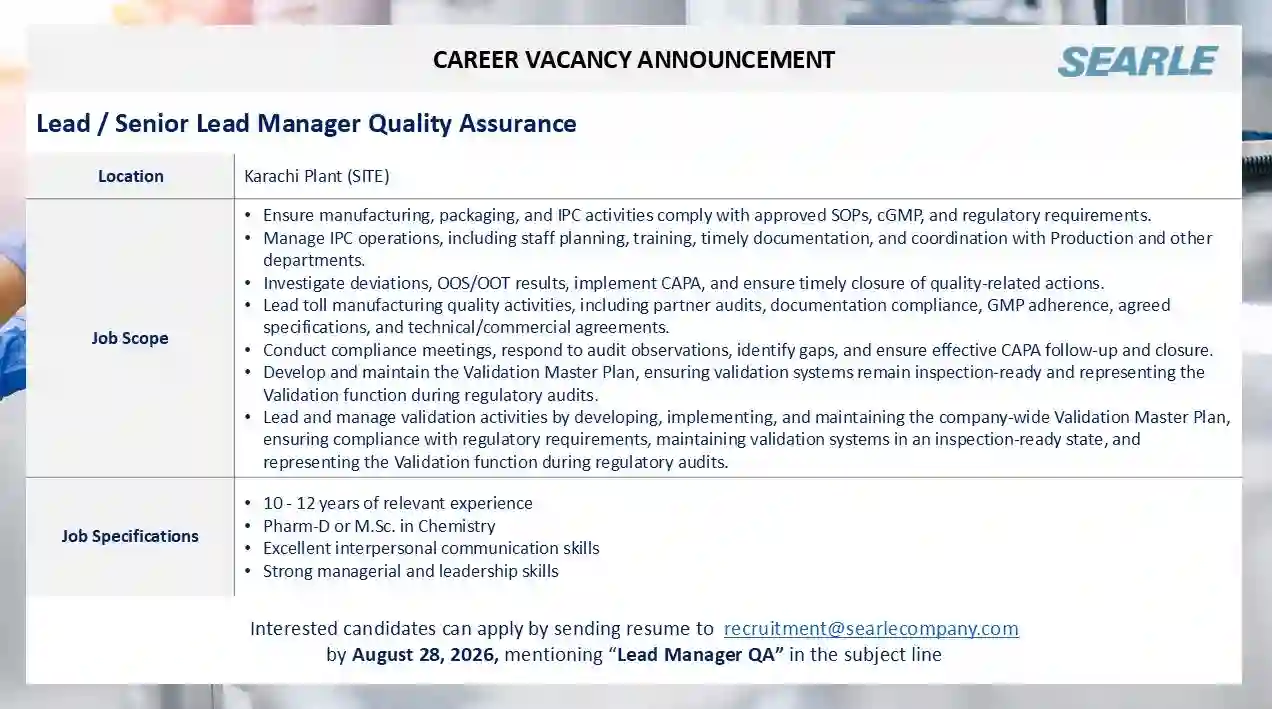 SEARLE Company Limited Lead/Senior Lead Manager Quality Assurance Jobs 2026