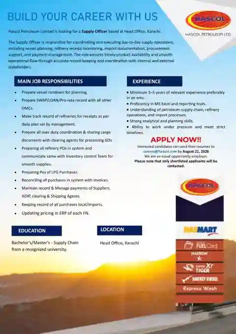 Hascol Petroleum Limited Supply Officer Jobs 2026 In Karachi