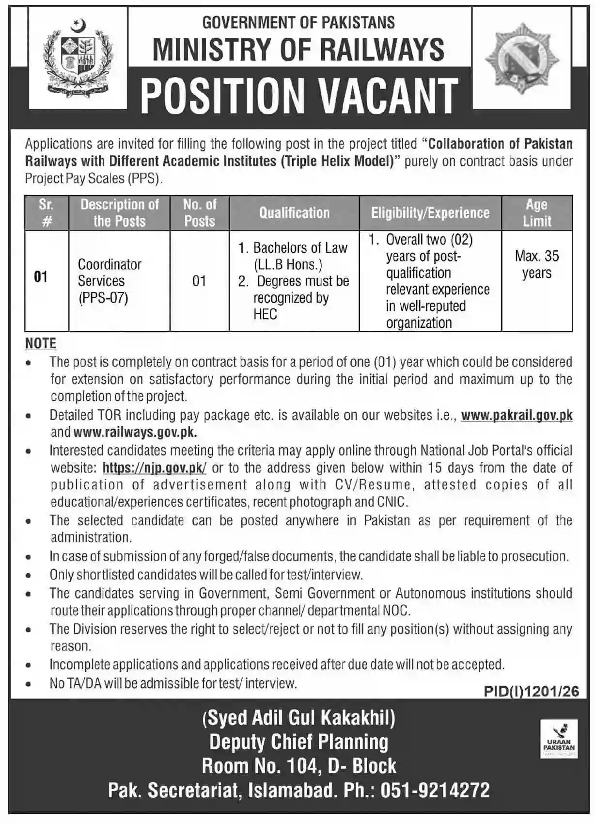 Ministry of Railways Coordinator Services Jobs 2026 In Islamabad | Apply via NJP