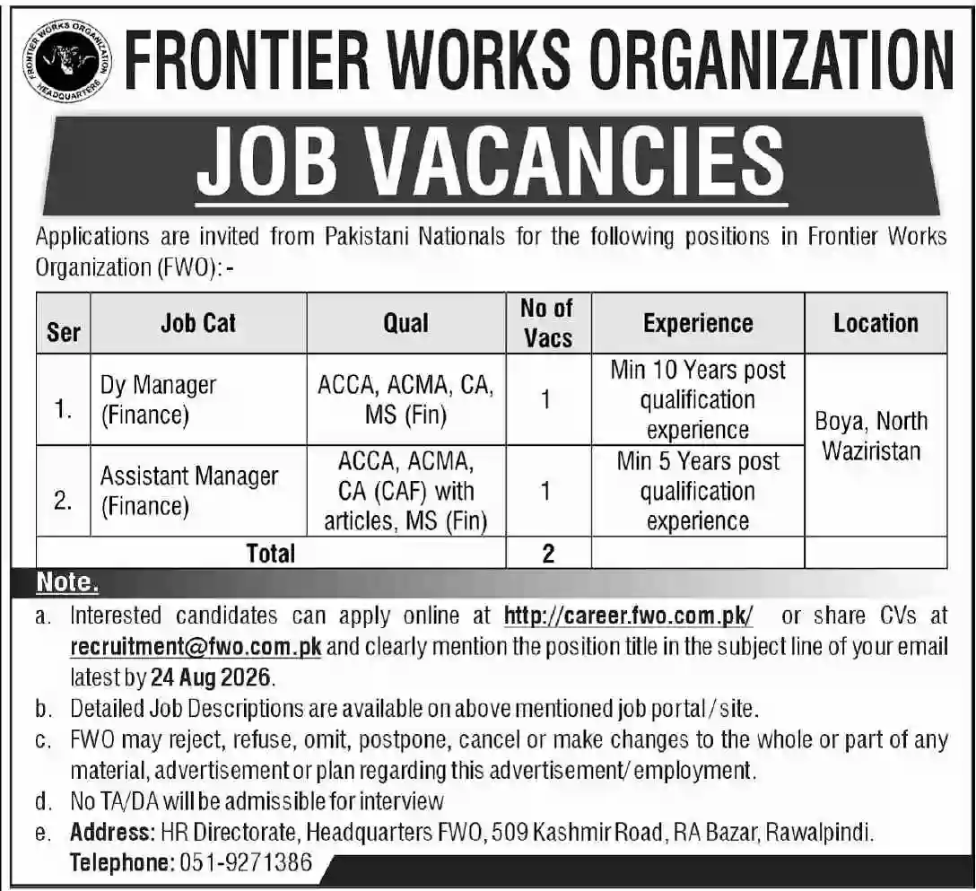 FWO Invites Deputy Manager & Assistant Manager Finance Jobs 2026 | Apply Online