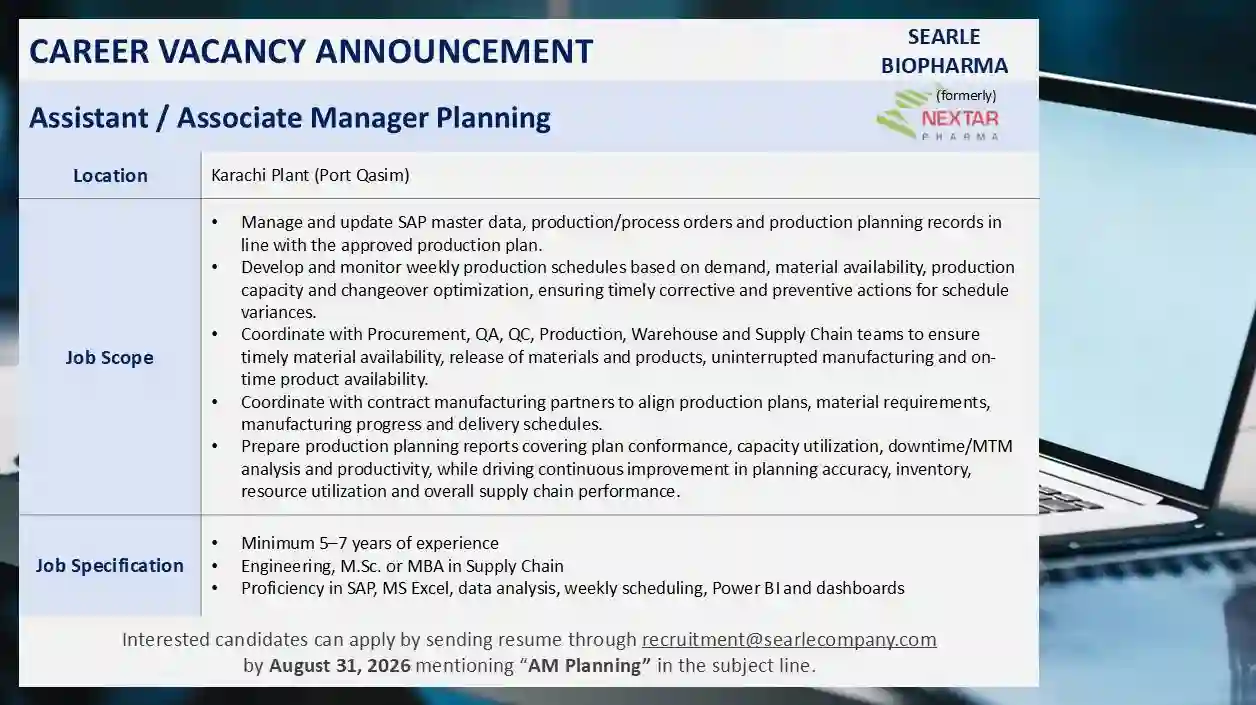 The SEARLE Company Limited Assistant/Associate Manager Planning Jobs 2026 In Karachi