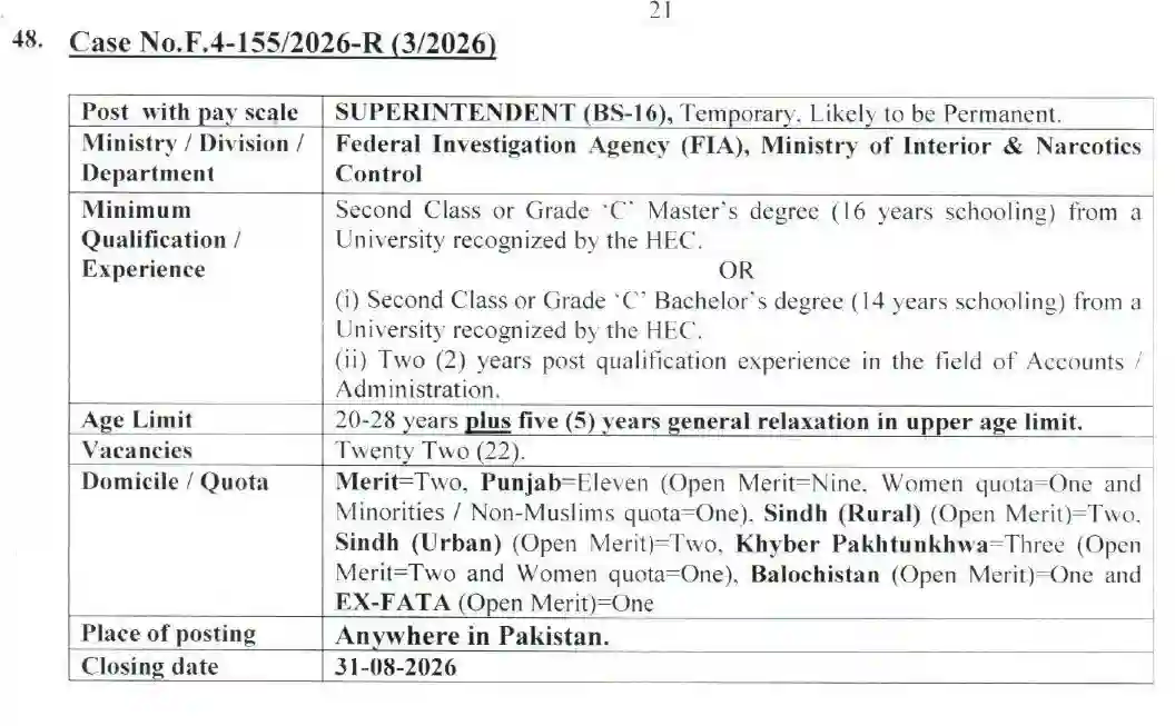 FIA Superintendent Jobs 2026 – 22 BS 16 Vacancies via FPSC