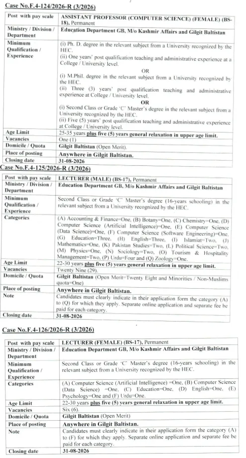 FPSC Advertised Education Department GB Jobs August 2026 Assistant Professor & Lecturer
