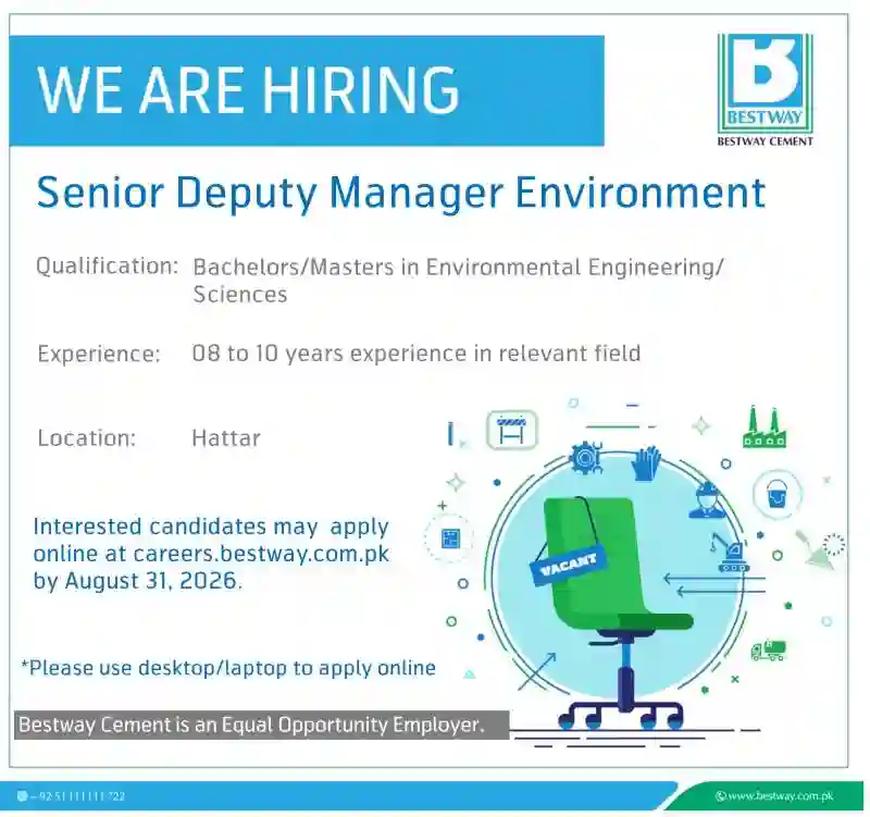 Bestway Cement Limited Jobs August 2026 – Senior Deputy Manager Environment Required