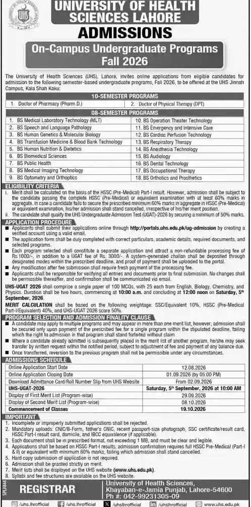 UHS Lahore Admissions 2026 – Undergraduate Programs at Jinnah Campus Kala Shah Kaku