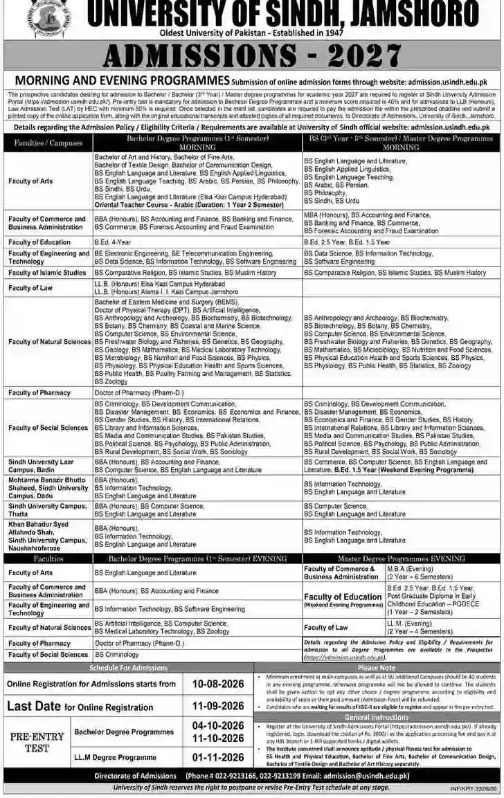 University of Sindh Opens Latest Admissions 2026 For BS Programs In Jamshoro