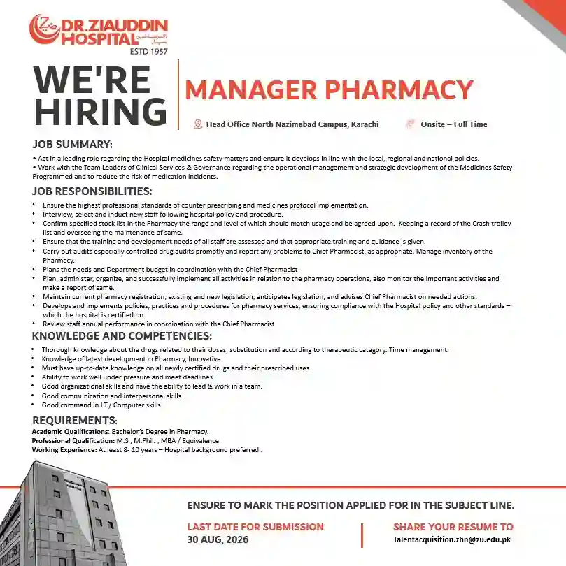 Dr. Ziauddin Hospital Jobs 2026 – Manager Pharmacy Required in Karachi