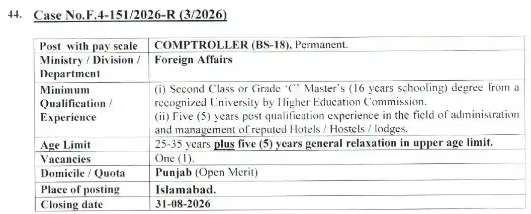 Ministry of Foreign Affairs Jobs 2026 – Comptroller Required in Islamabad