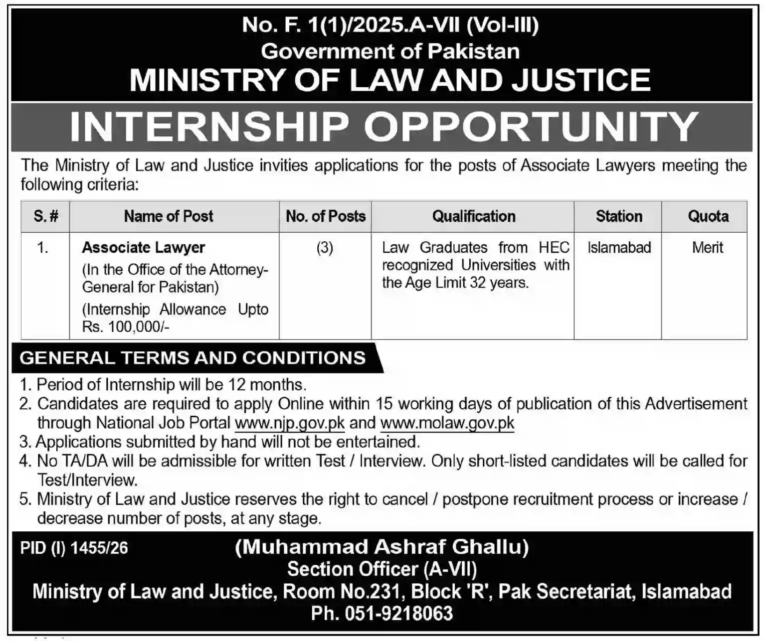 Apply Online Associate Lawyer Internship Jobs August 2026 in Ministry of Law and Justice