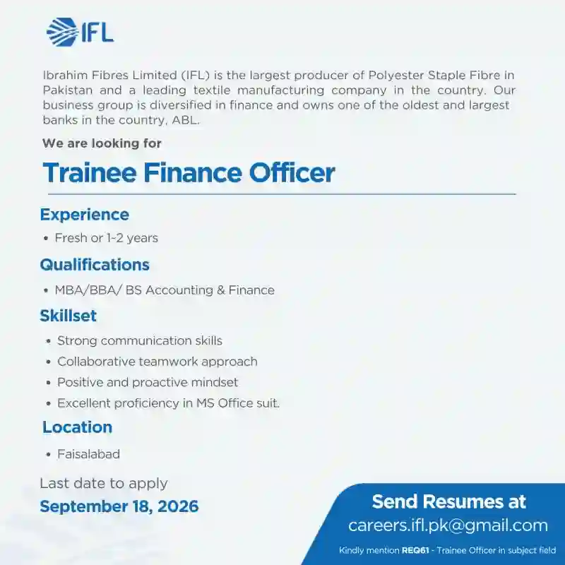 Ibrahim Fibres Limited Jobs 2026 –  Trainee Finance Officer In Faisalabad Apply Online