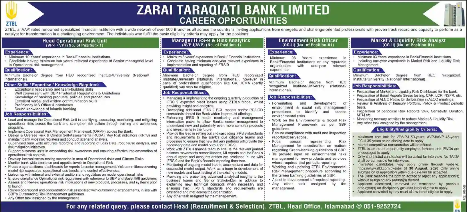 ZTBL Jobs August 2026 - Apply Online Head Operational Risk & Risk Analysts