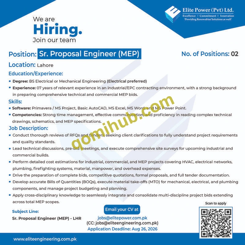 Elite Power (Pvt.) Ltd Announces Sr. Proposal Engineer Jobs 2026 In Lahore
