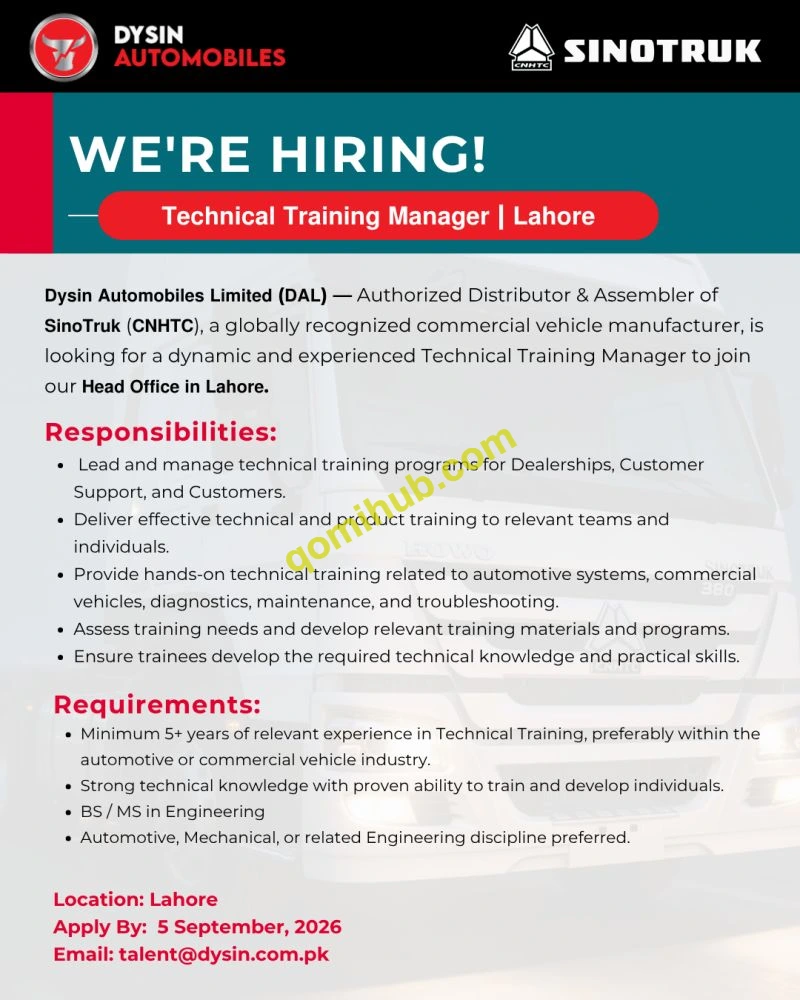 Dysin Automobiles Limited Announces Technical Training Manager Jobs 2026 In Lahore