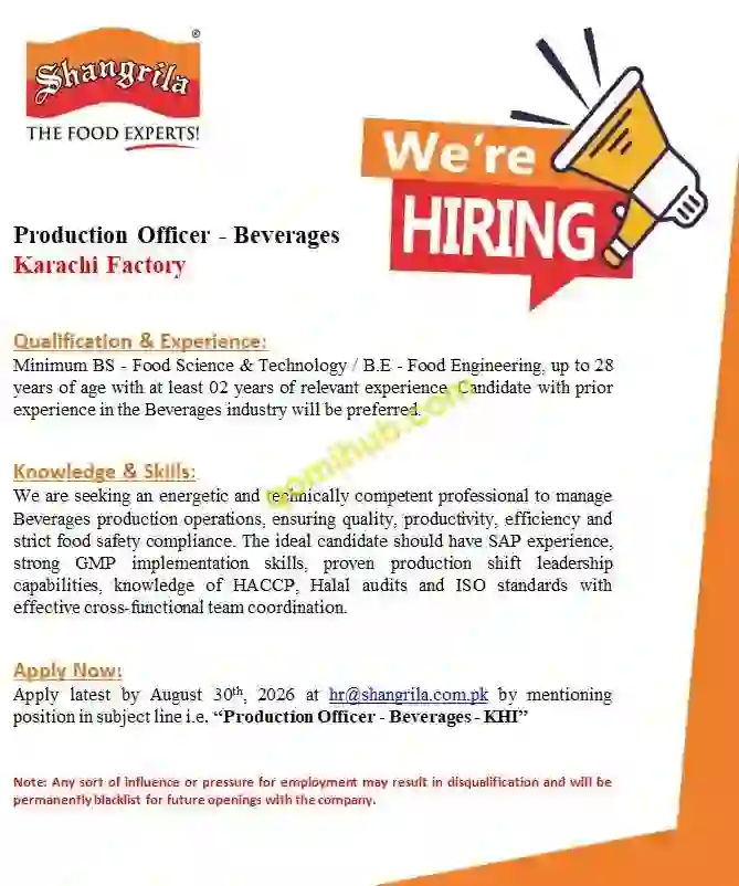 Shangrila Foods Limited Announced Production Officer Jobs 2026 In Karachi Apply Online