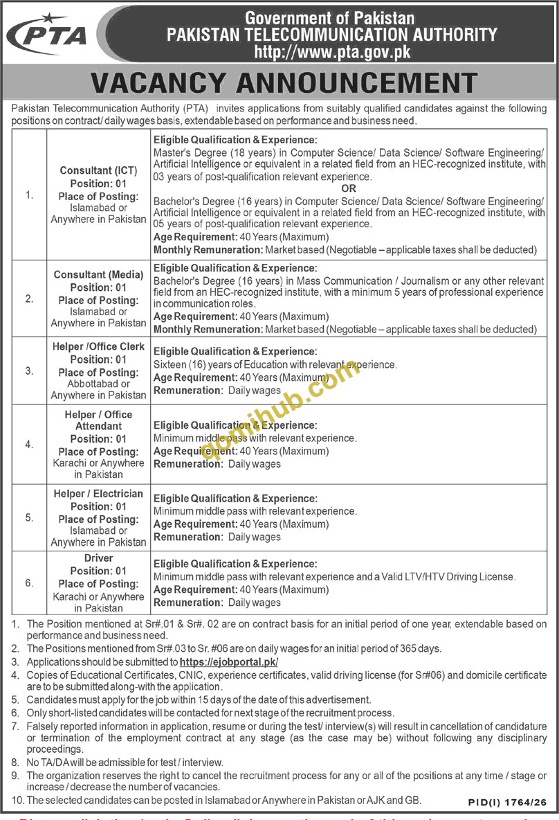 PTA Advertised Consultant, Helper, Driver & Clerk Jobs August 2026 Apply Online