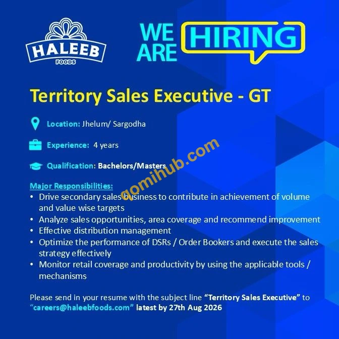 Haleeb Foods Limited Announced Territory Sales Executive Jobs August 2026 in Jhelum & Sargodha