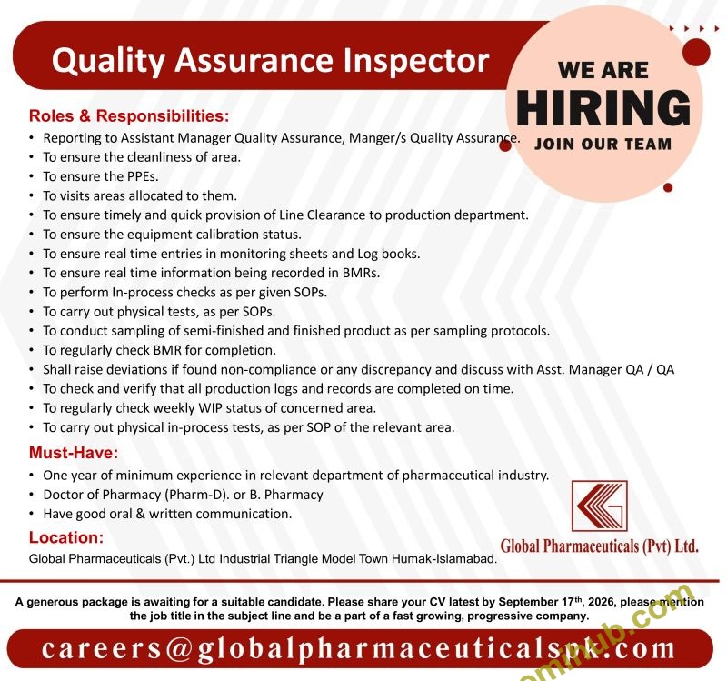 Quality Assurance Inspector Jobs 2026 at Global Pharmaceuticals Islamabad