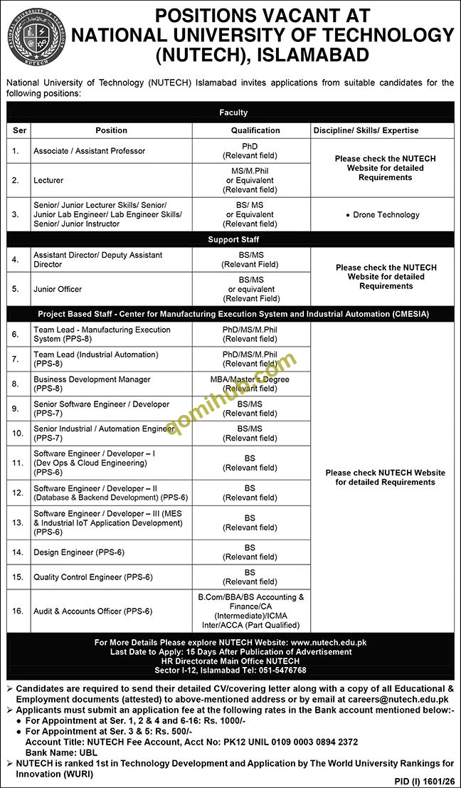NUTECH Opens Associate/Assistant Professors and Lecturers Jobs 2026 In Islamabad | Apply Online