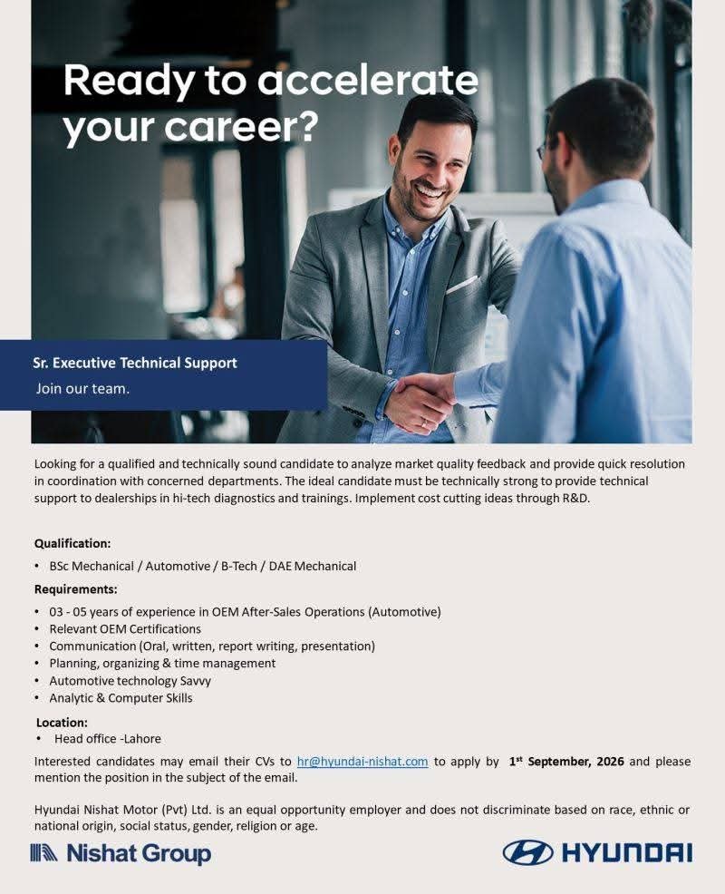 Sr. Executive Technical Support Jobs 2026 at Hyundai Nishat Motors Lahore