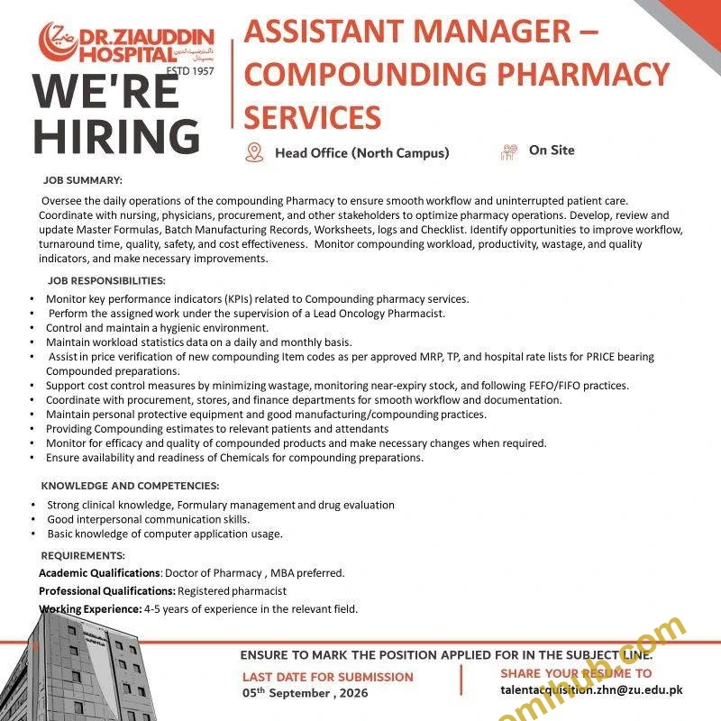 Dr. Ziauddin Hospital Opens Assistant Manager Compounding Pharmacy Jobs 2026 In Karachi