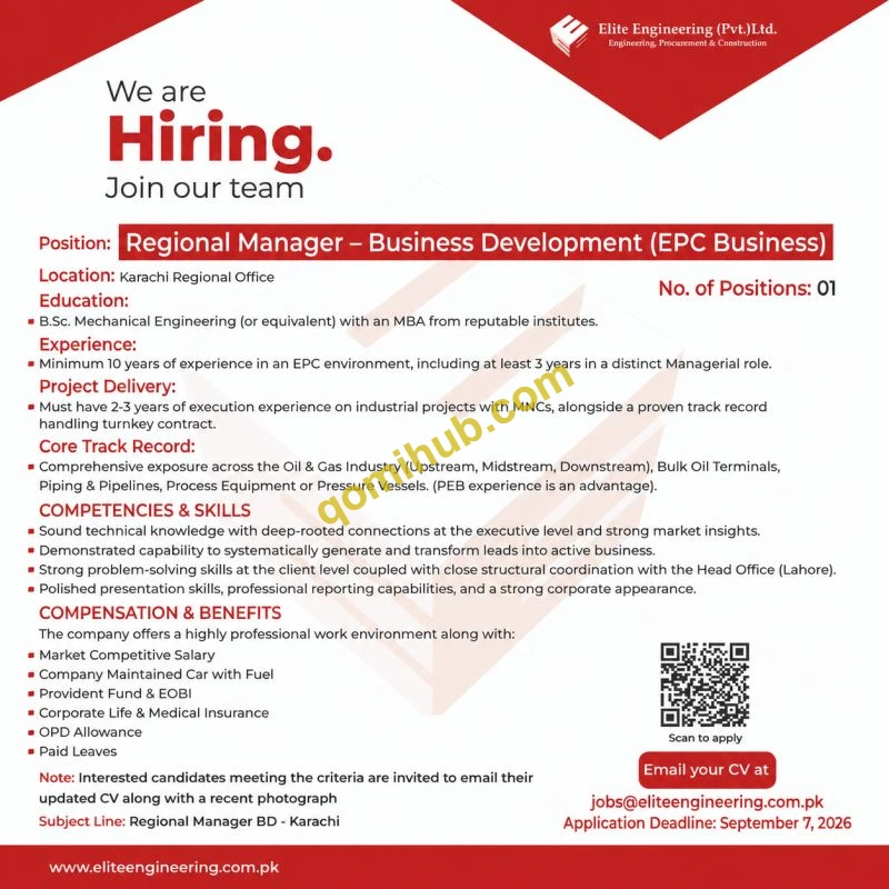 Elite Engineering (Pvt.) Ltd Opens Regional Manager Business Development Jobs in Karachi
