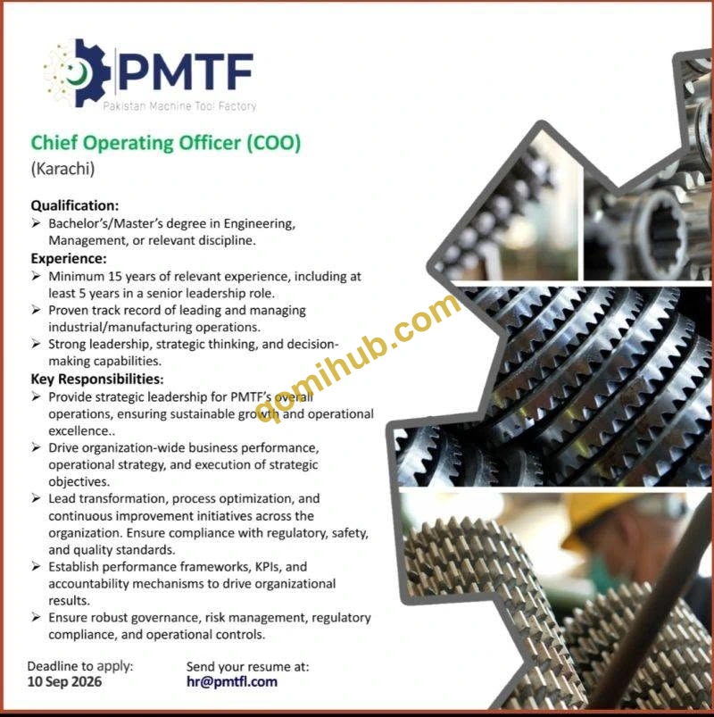 Pakistan Machine Tool Factory Is Hiring Chief Operating Officer COO Jobs 2026 In Karachi