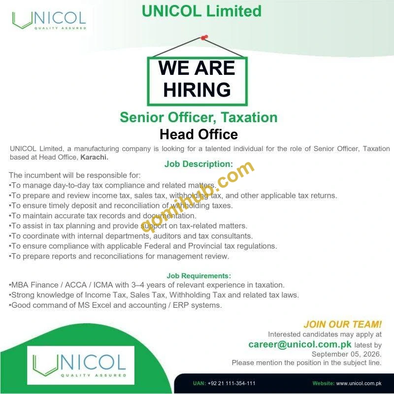 Unicol Limited Is Hiring Senior Officer Taxation Latest Jobs 2026 in Karachi