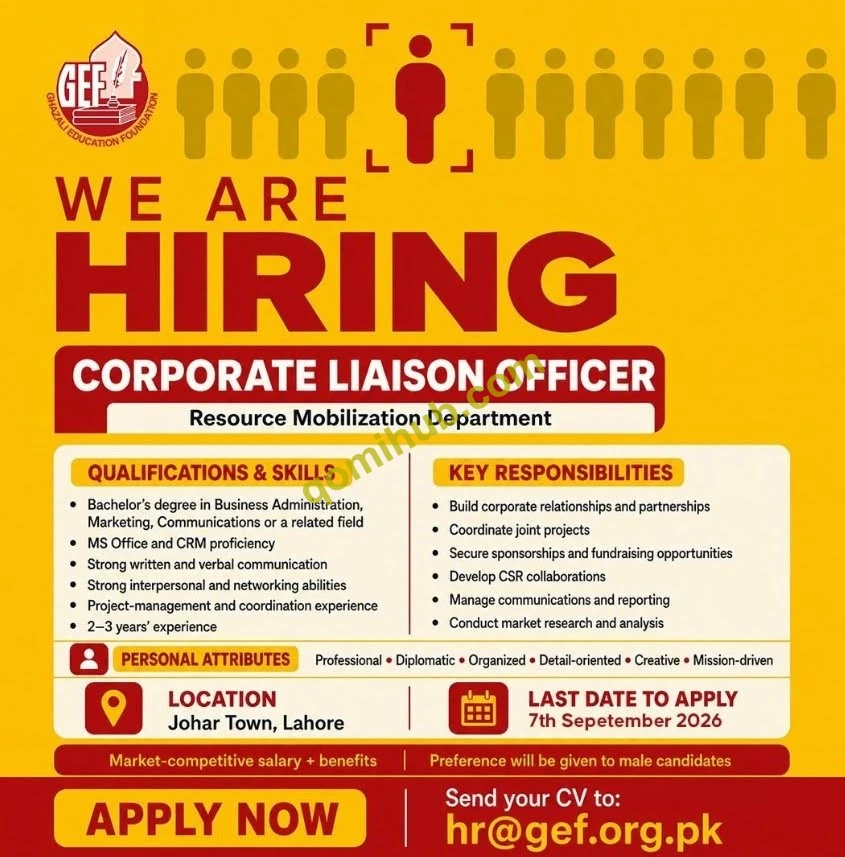 GEF Corporate Liaison Officer Jobs 2026 in Lahore