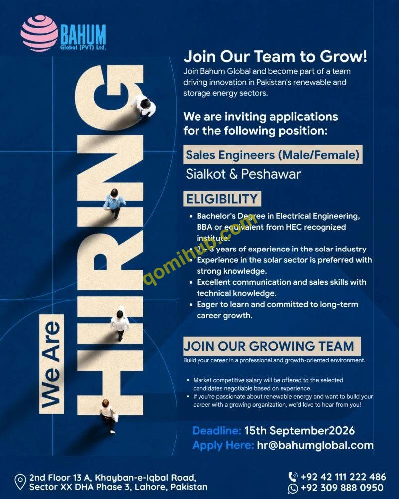 Bahum Global (PVT) Ltd Sales Engineer Jobs 2026 In Sialkot & Peshawar | Apply Online