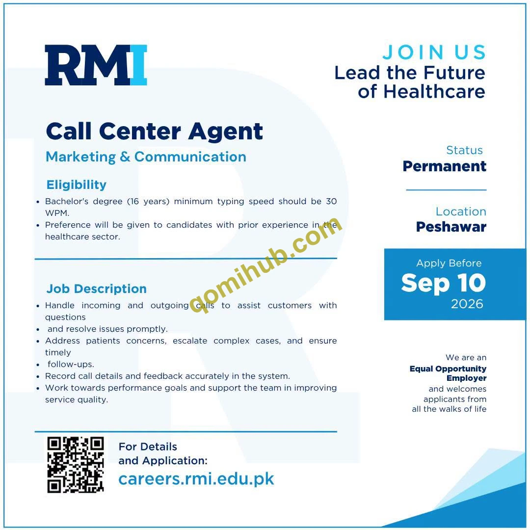 Rehman Medical Institute (RMI) Call Center Agent Jobs 2026 In Peshawar | qomihub
