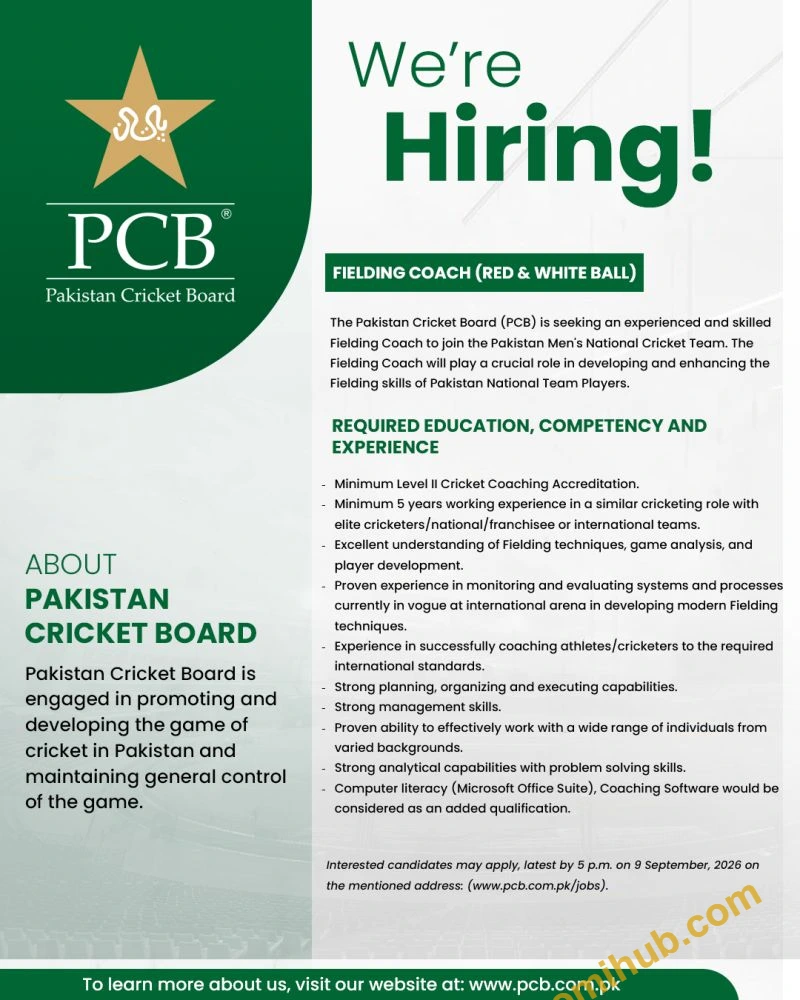 Pakistan Cricket Board PCB  Fielding Coach Jobs 2026 Apply Online