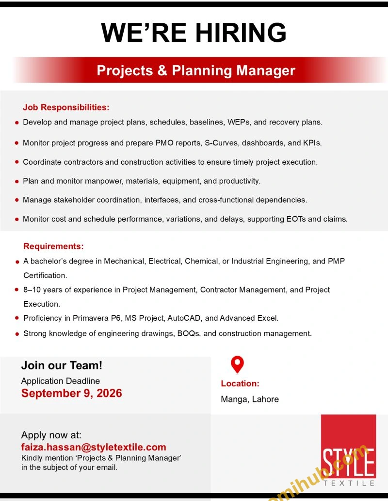 Style Textile Projects & Planning Manager Jobs 2026 In Lahore Apply Online