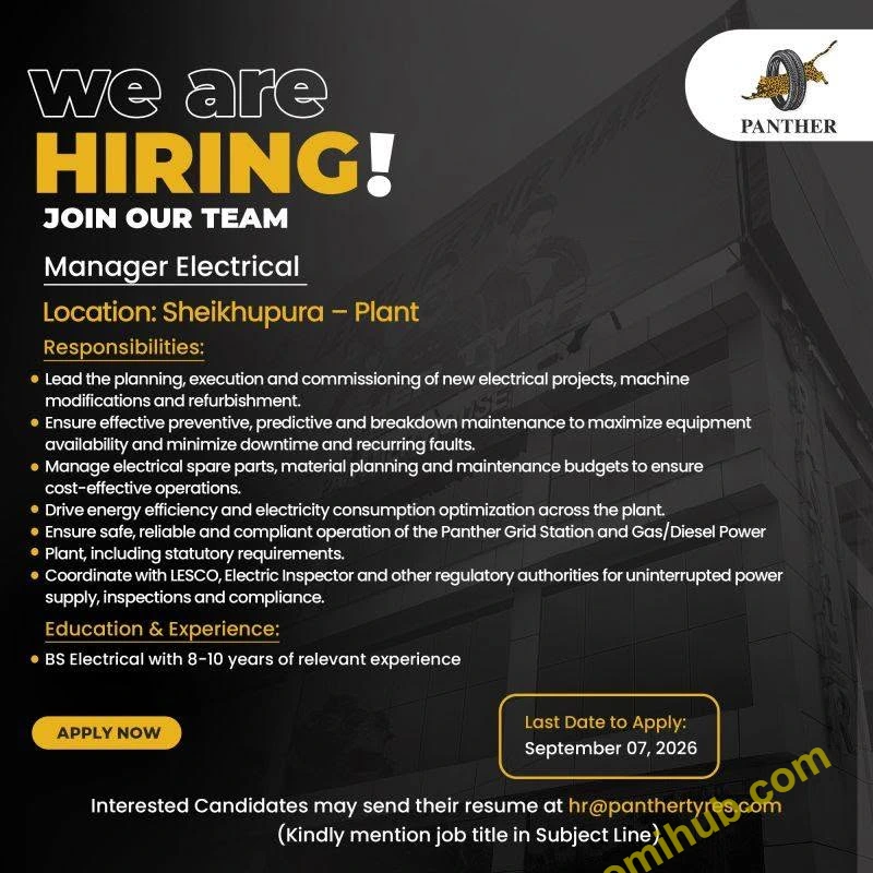 Panther Tyres Manager Electrical Jobs 2026 in Sheikhupura