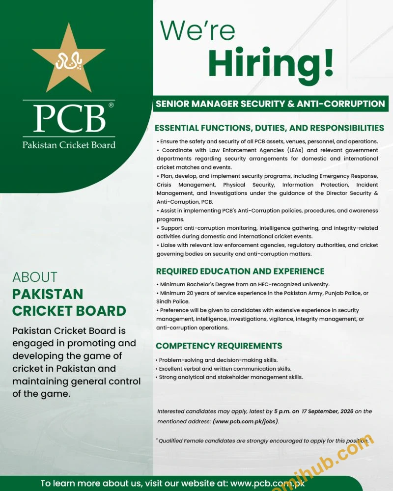 Pakistan Cricket Board Senior Manager Security & Anti-Corruption Jobs 2026 In Lahore