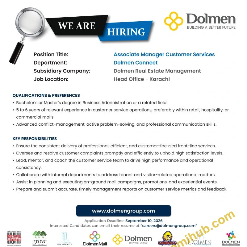 Dolmen Group Associate Manager Customer Services Jobs 2026 In Karachi