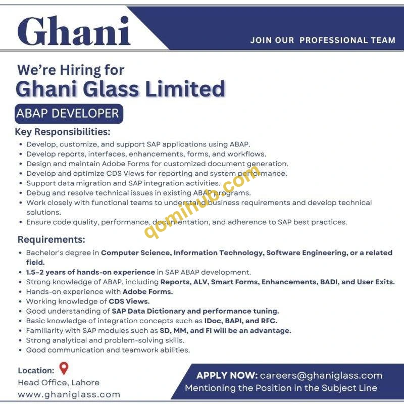 Ghani Glass Limited Announced ABAP Developer Jobs 2026 In Lahore