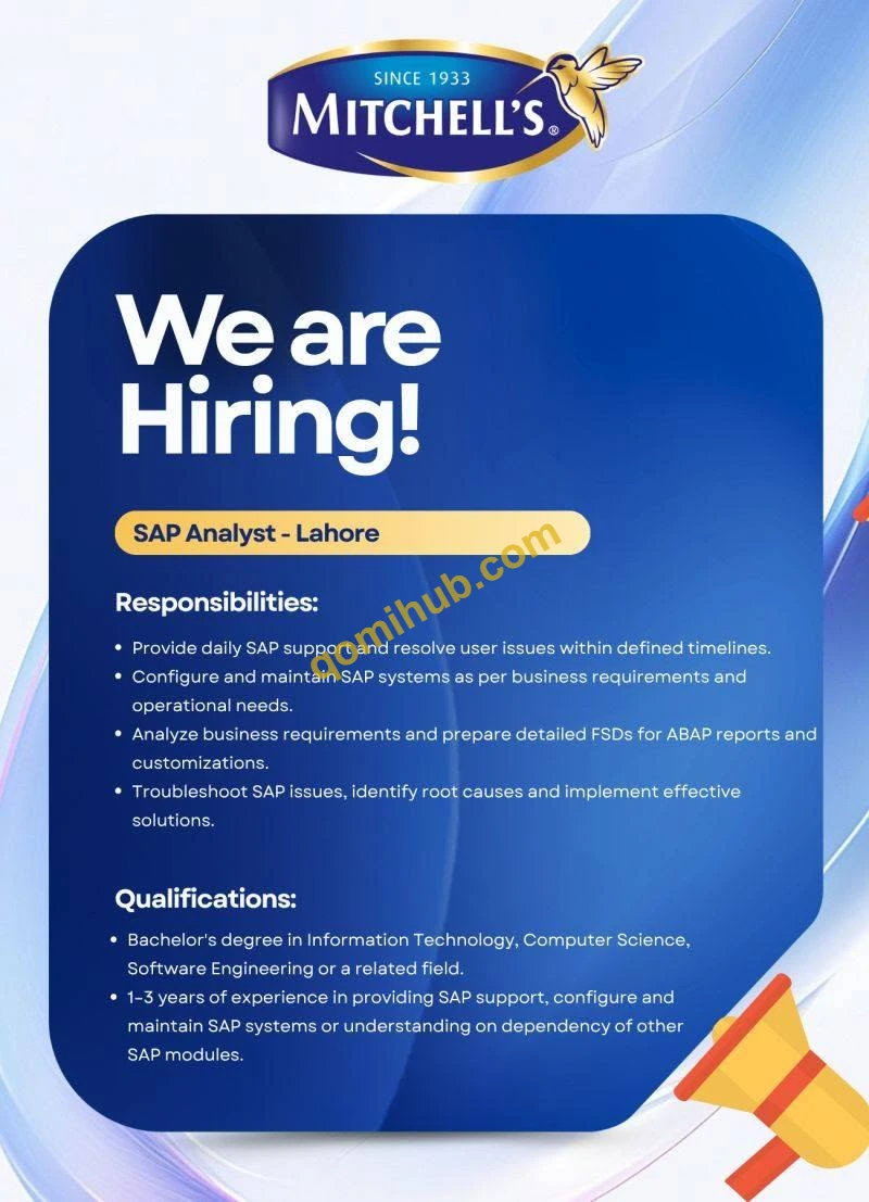 Mitchell's SAP Analyst Jobs 2026 In Lahore Apply Online