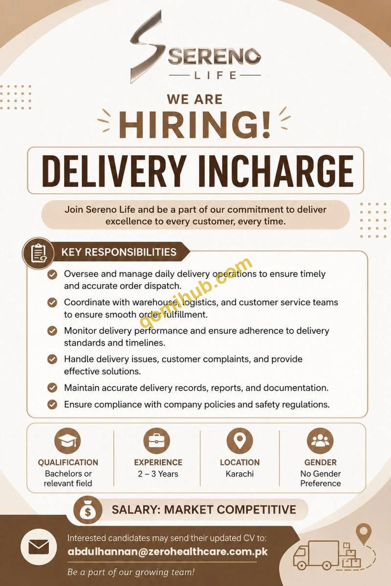 Sereno Life Is Hiring Delivery Incharge Jobs 2026 In Karachi