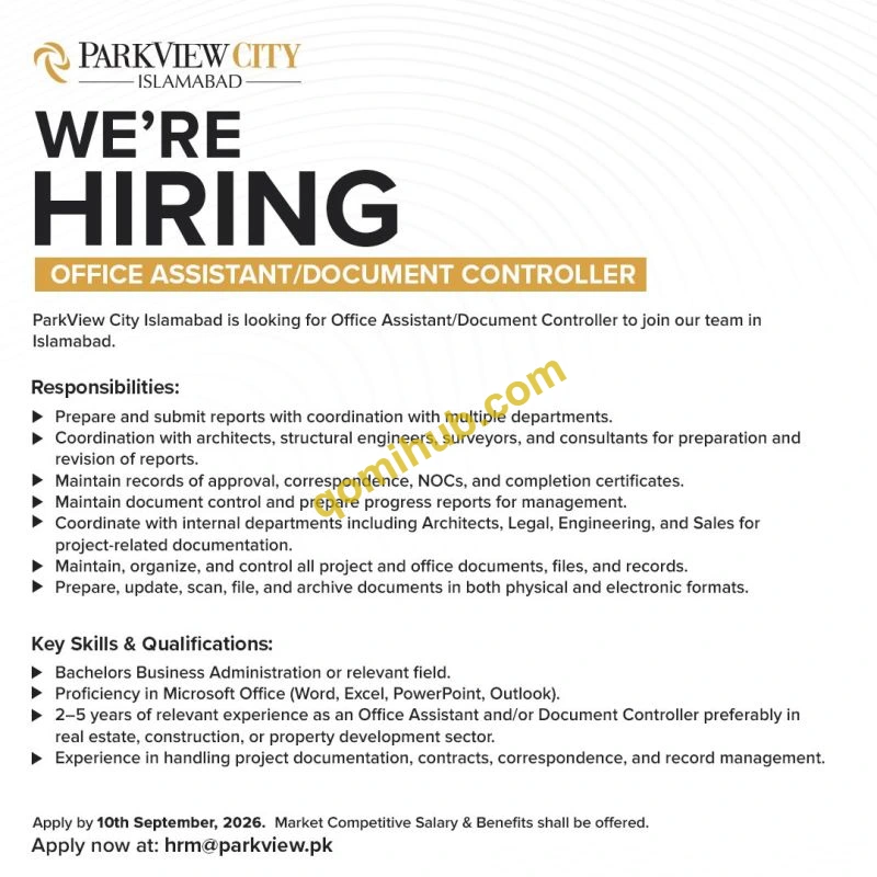 ParkView City Islamabad Announced Office Assistant/Document Controller Jobs 2026 In Islamabad