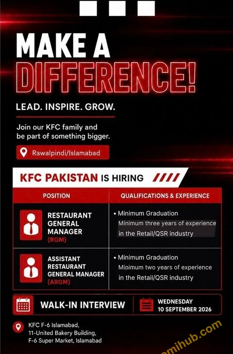 KFC Announced Restaurant General Manager & Assistant Manager Walk-in Interview Jobs 2026 In Islamabad