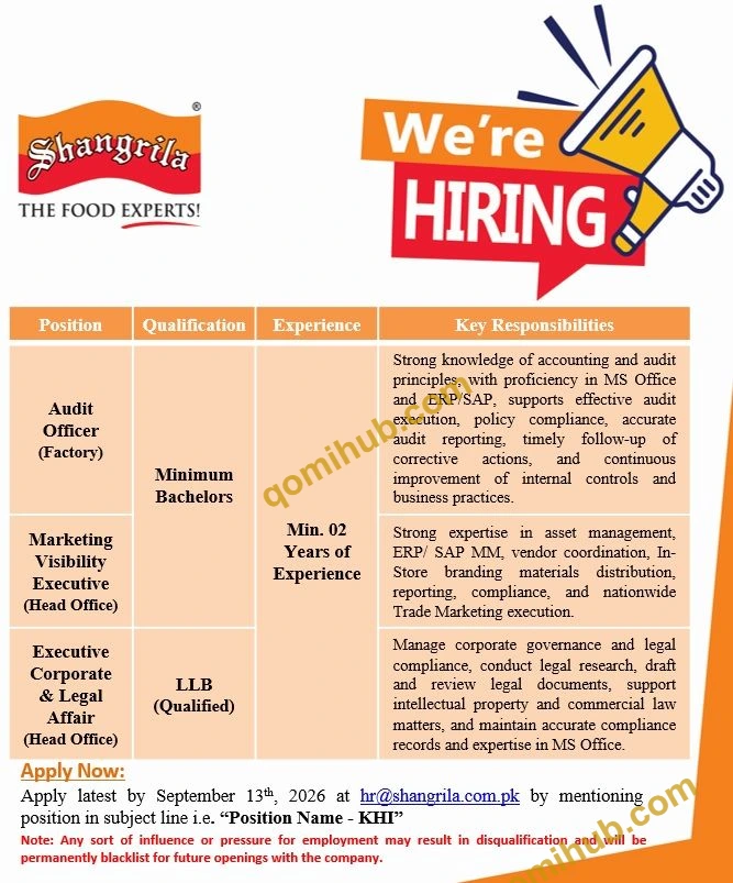 Shangrila Foods Ltd Announced Audit Officer & Marketing Visibility Executive Jobs 2026 In Karachi