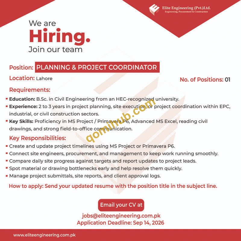 Elite Engineering Ltd Announced Planning & Project Coordinator Jobs 2026 In Lahore