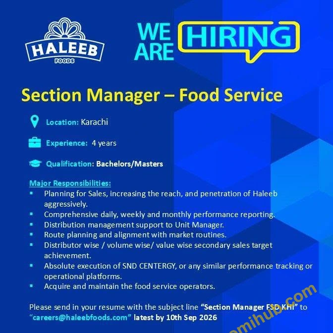 Haleeb Foods Ltd Announced Section Manager Jobs 2026 In Karachi